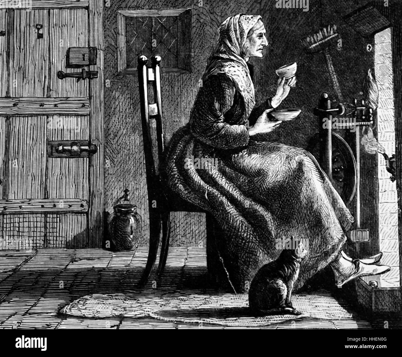 Illustrazione raffigurante una donna anziana di bere il suo tè da un tè piatto come lei siede in auto-imposto la solitudine. Datata del XIX secolo Foto Stock