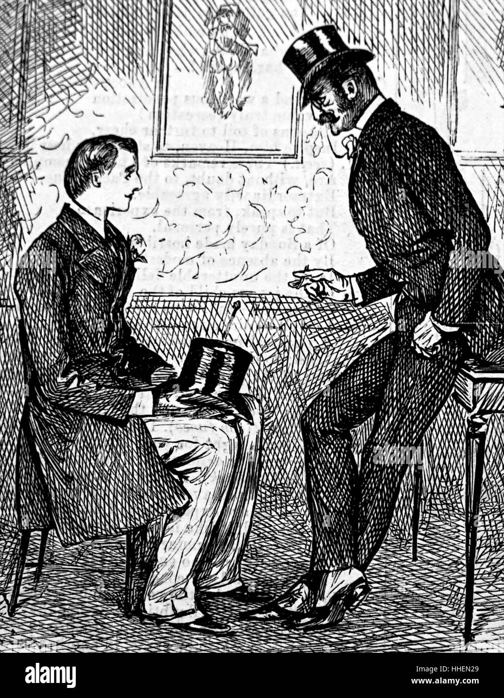 Incisione raffigurante due colleghi fumare un sigaro e parlare per il dopo cena. Illustrato da George du Maurier (1834-1896) un fumettista franco-britannica e l'autore. Datata del XIX secolo Foto Stock
