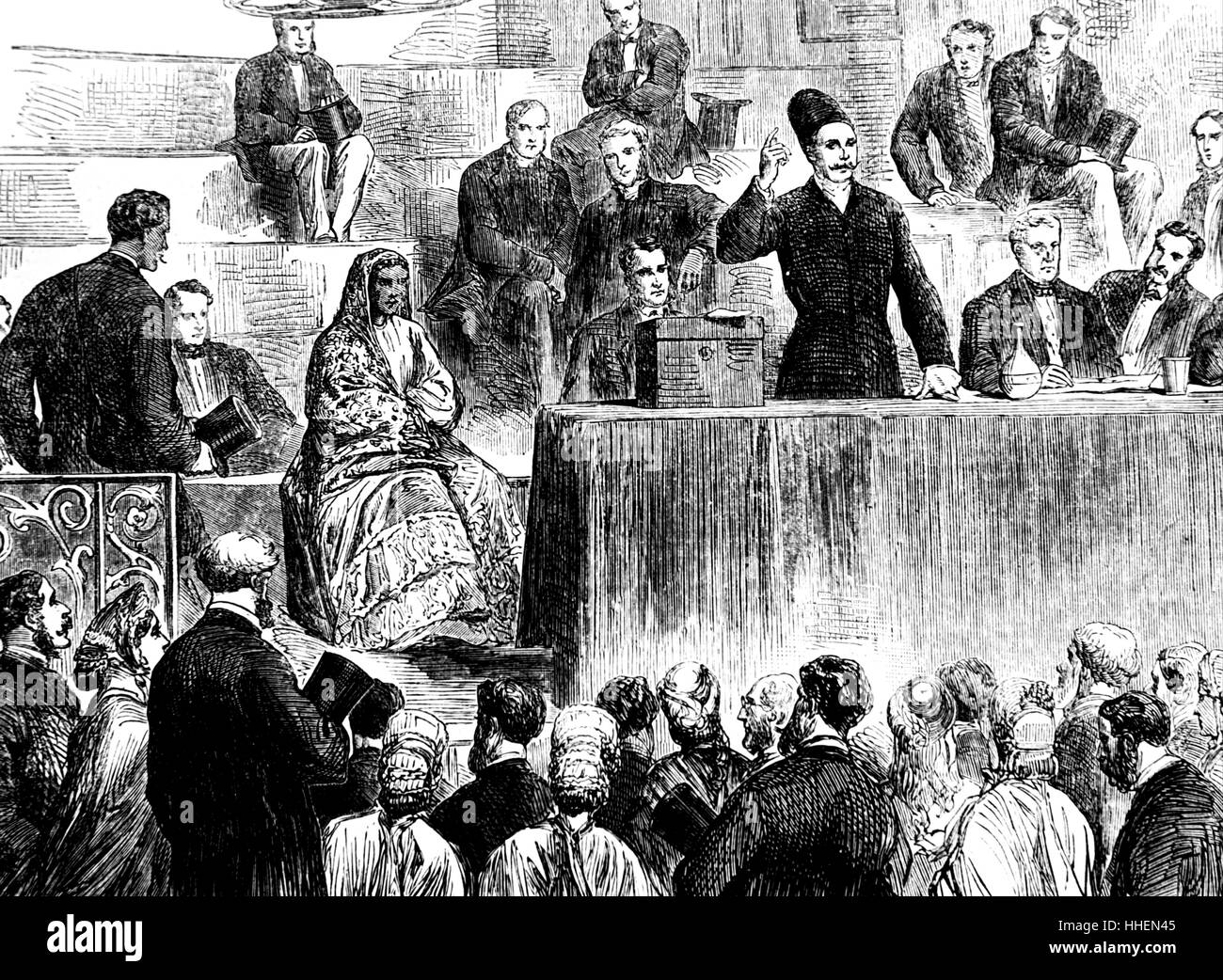 Illustrazione raffigurante Manockjee Cursetjee (1808-1887) rivolgendosi al Congresso sulla formazione in India al Social Science Congress a Sheffield. Datata del XIX secolo Foto Stock