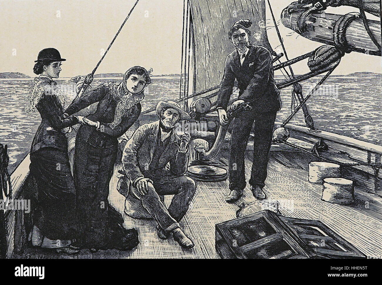 Illustrazione raffigurante un yachting di viaggio con due colleghi e gentlewomen. Datata del XIX secolo Foto Stock