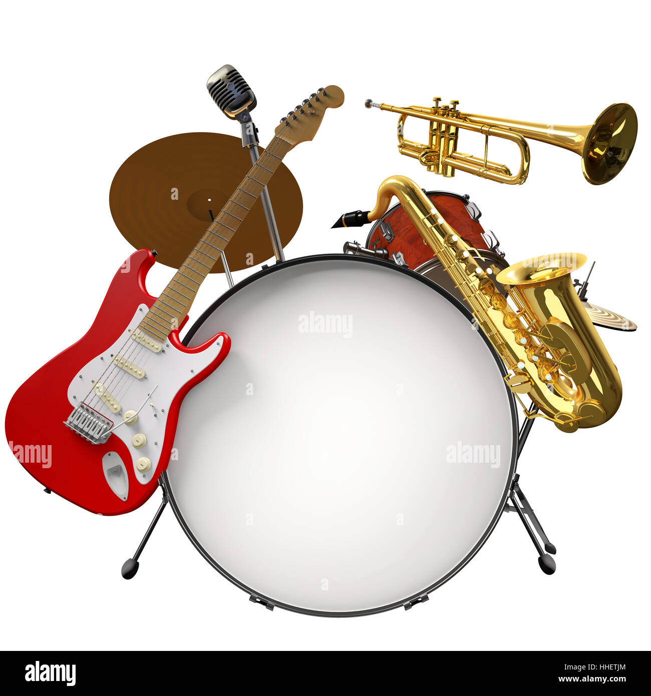 Strumenti musicali, jazz, sassofono, microfono, tromba, tamburi Foto stock  - Alamy