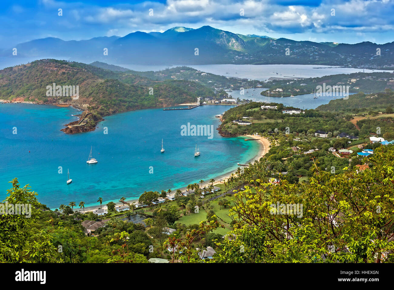 Vista del porto di inglese da Shirley Heights Antigua West Indies Foto Stock