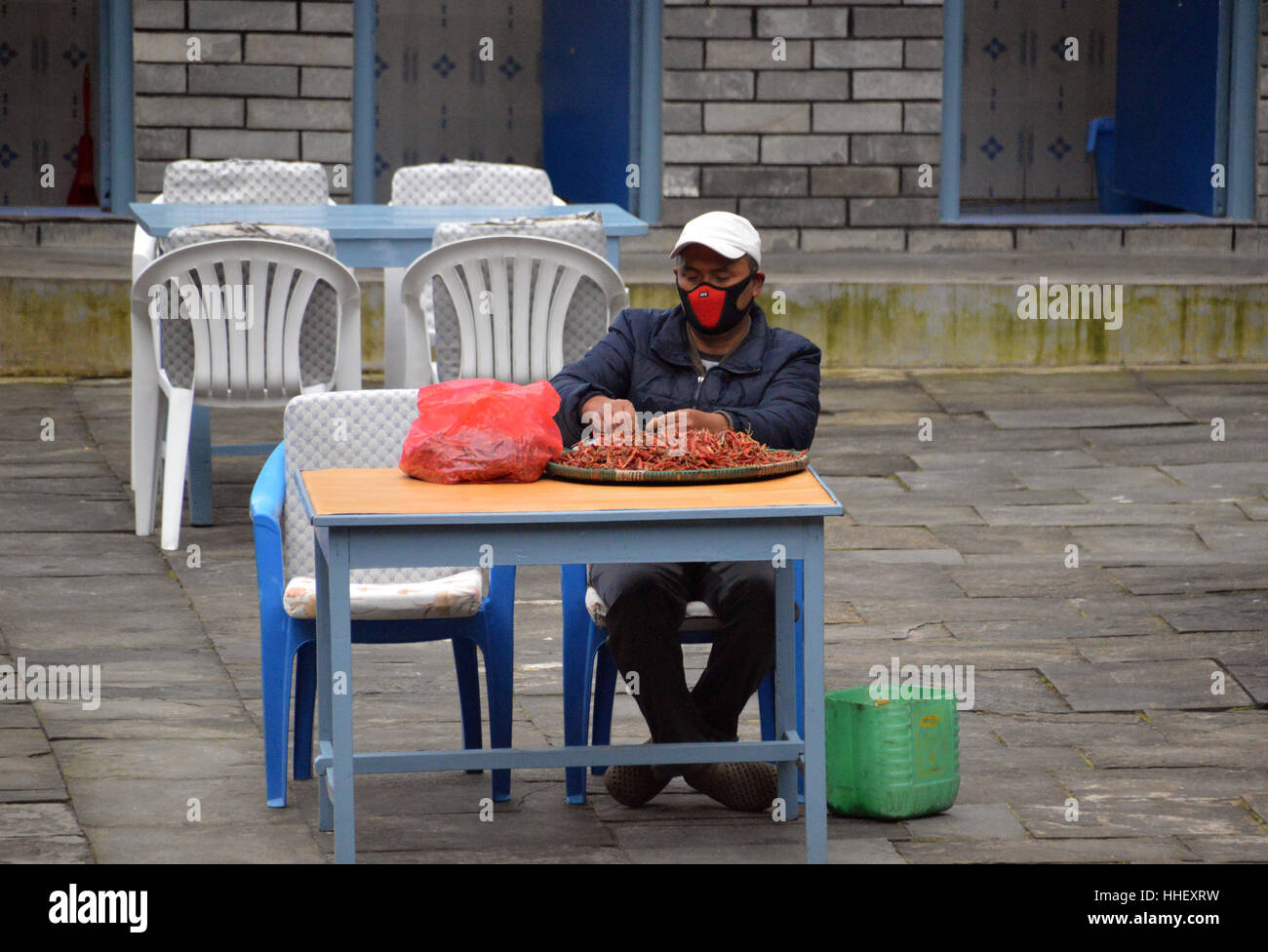 Uomo nepalese de-la semina dei peperoncini rossi nel villaggio di Dobhan (Dovan) in modi Khola River Valley Santuario Annapurna Himalaya,, Foto Stock