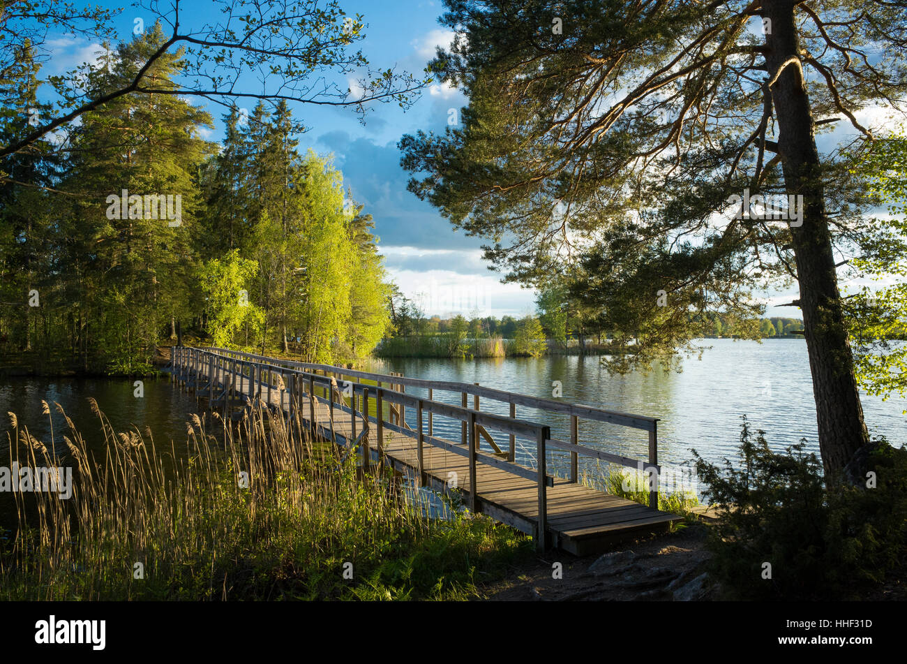Ponte di legno sopra il lago in Svezia al tramonto Foto Stock