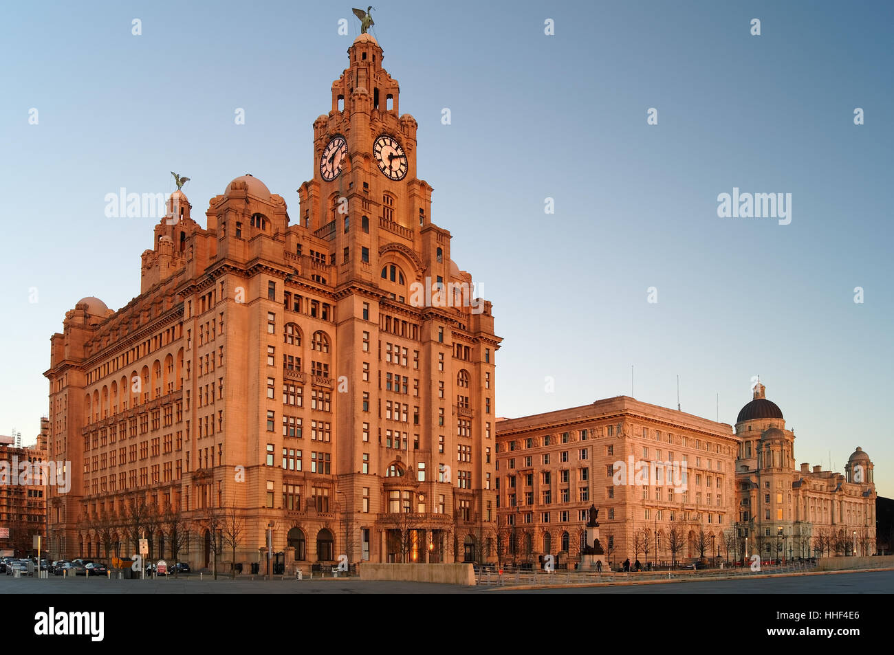 Regno Unito, Liverpool, Three Grace's, Royal Liver Building, Cunard Building e Port of Liverpool Building Foto Stock