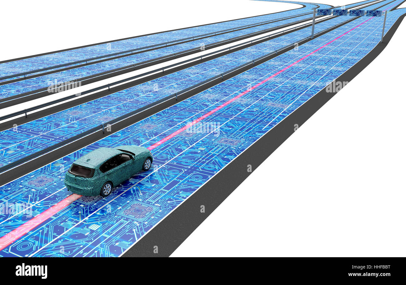 La guida automatica calcolatore elettronico auto sulla strada, 3d illustrazione Foto Stock