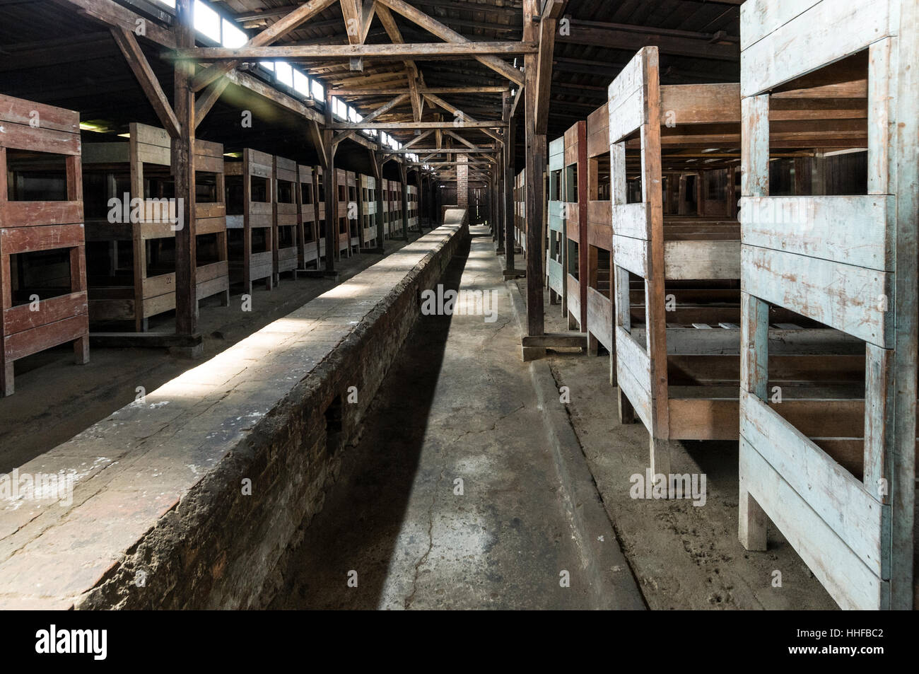 Interno di una capanna in legno uno dei pochi sopravvissuti donna dormitori con letti a castello ad Auschwitz 11-Birkenau vicino a Oswiecim in Polonia Foto Stock