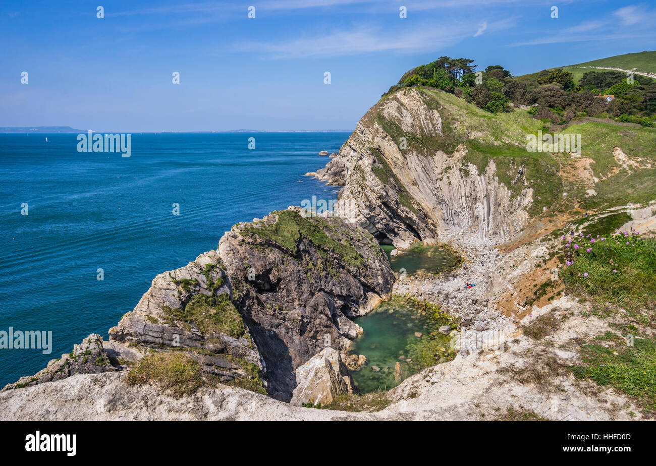 Gran Bretagna, Sud Ovest Inghilterra, Dorset, Jurassic Coast, Lulworth Cove, ripiegata di strati di calcare al cove del foro di scale Foto Stock