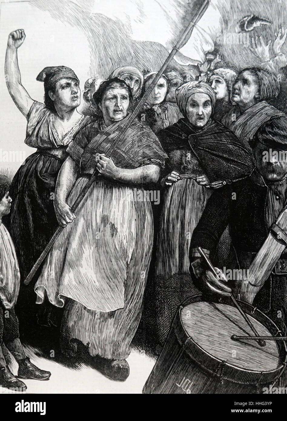 Illustrazione raffigurante una banda di 'Vengereuses', quella che indossa un cappello di Liberty, trascinante delle donne di Parigi a bracci. Datata del XIX secolo Foto Stock