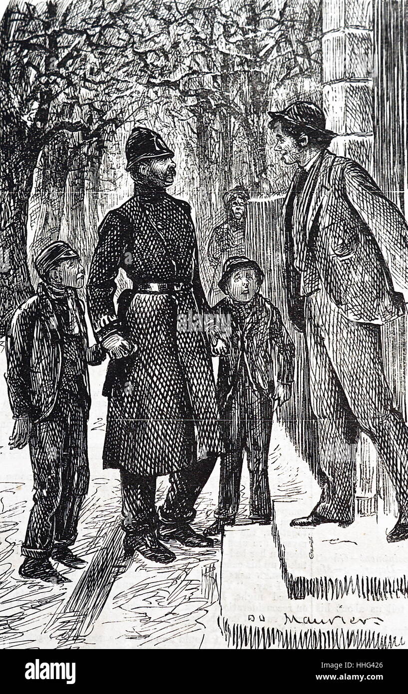 Illustrazione raffigurante un poliziotto e i passanti cercando di aiutare un figlio perduto da Fred Barnard. Fred Barnard (1846-1896) un vittoriana inglese illustrator, caricaturista e pittore di genere. Datata del XIX secolo Foto Stock