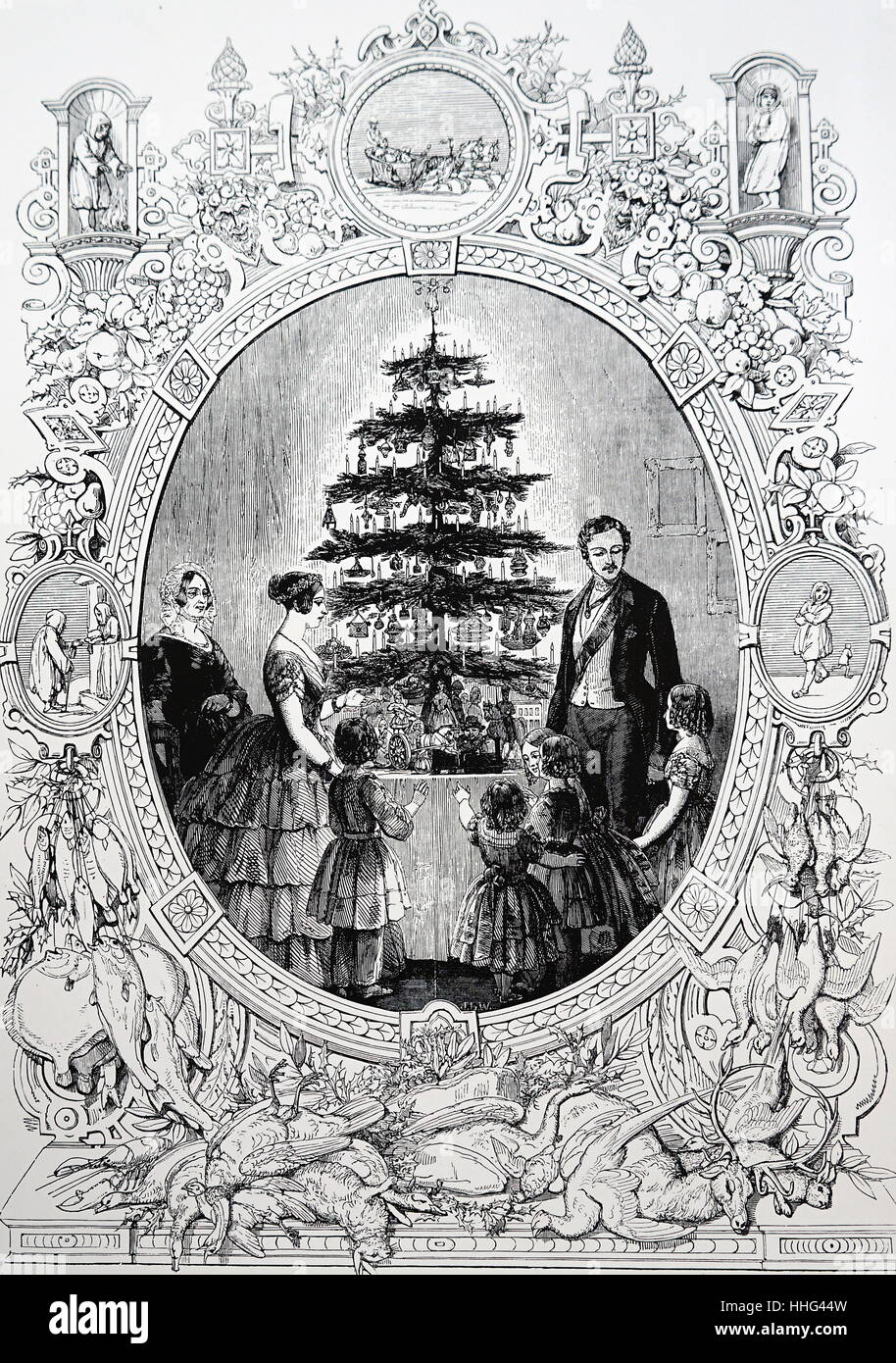 Prince Albert, Queen Victoria e i loro figli circondano un albero di Natale al Castello di Windsor in Inghilterra 1851. Prince Albert è detto di avere introdotto questa usanza tedesca in Inghilterra. Foto Stock