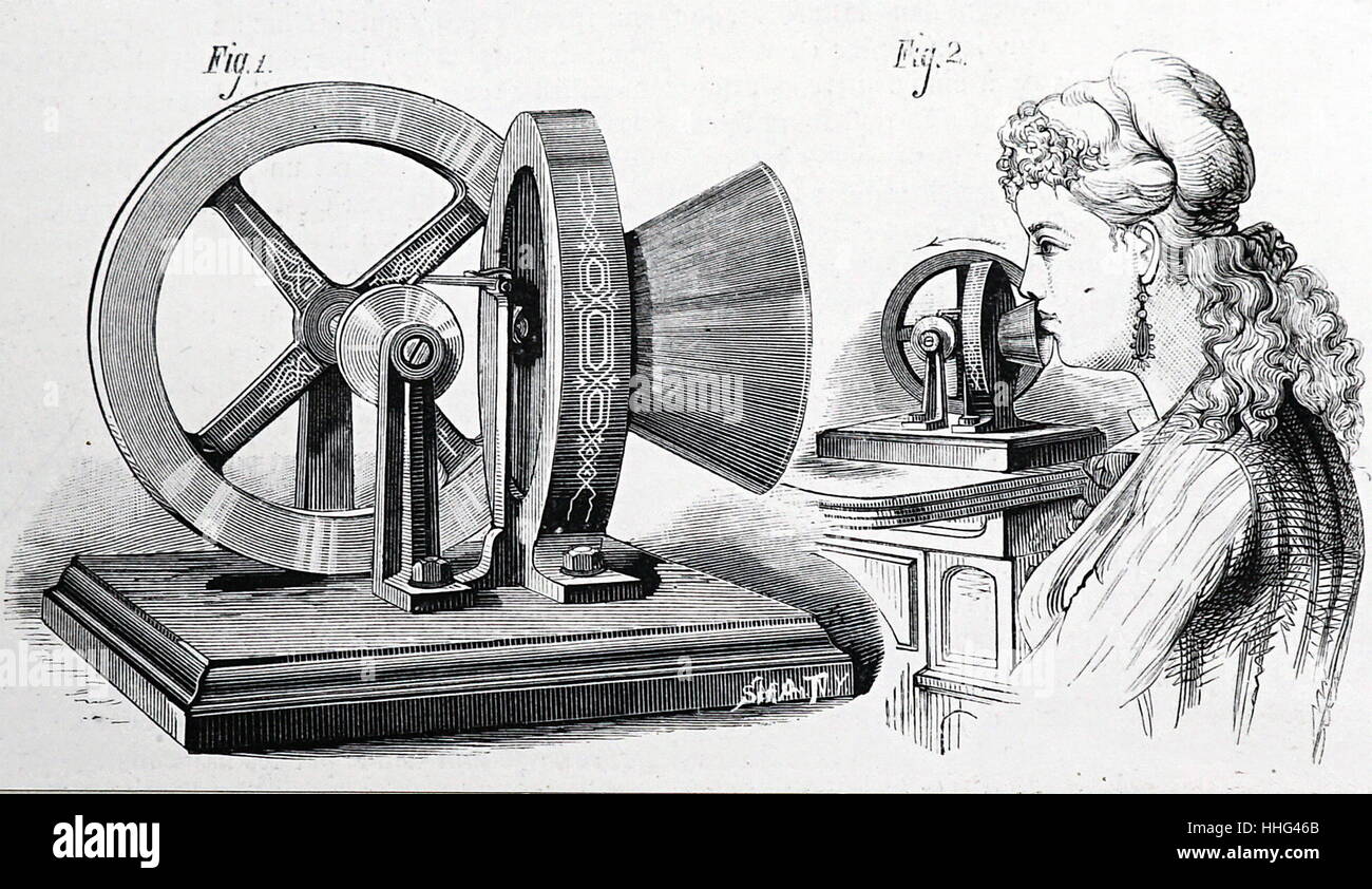 Edison che phonomotor utilizzata l'energia generata dal discorso di guidare un volano. Edison ha rivendicato la potenza potrebbe essere utilizzato per praticare un foro in una parete in legno o altre piccole attività. Parigi, 1878. Foto Stock