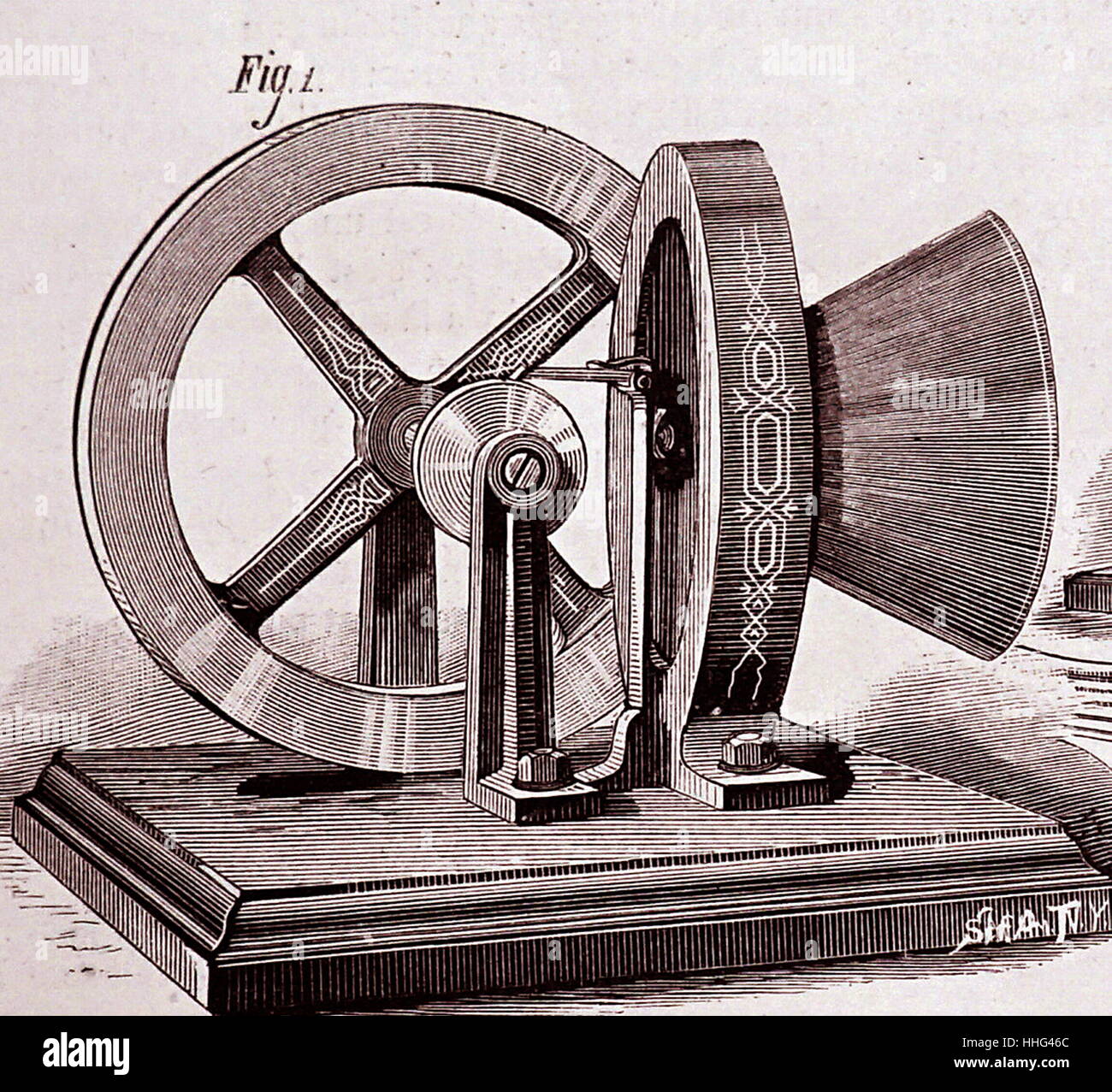 Edison che phonomotor utilizzata l'energia generata dal discorso di guidare un volano. Edison ha rivendicato la potenza potrebbe essere utilizzato per praticare un foro in una parete in legno o altre piccole attività. Parigi, 1878. Foto Stock