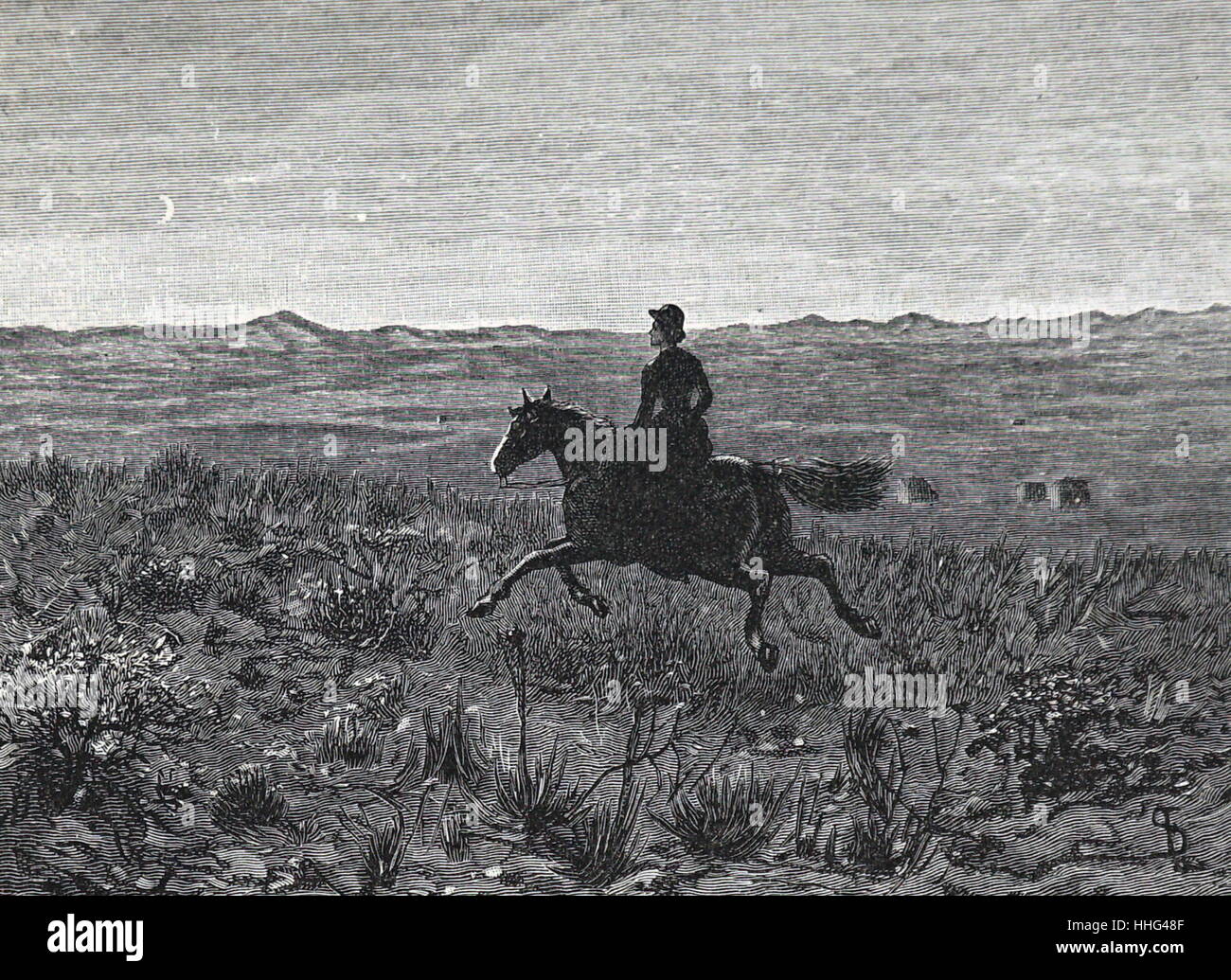 Xix secolo incisione raffigurante una donna in sella ad un cavallo al chiaro di luna. 1860 Foto Stock