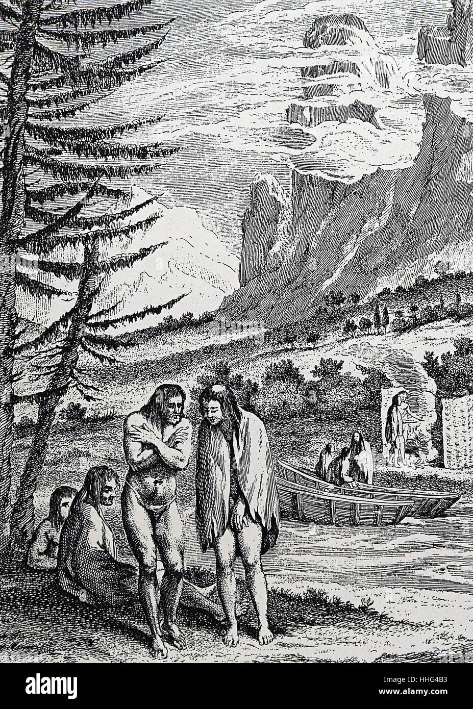 Nativi della Patagonia incontrati da Ferdinando Magellano durante il primo viaggio di circumnavigazione (1519-22). incisione pubblicato Lipsia 1754 Foto Stock
