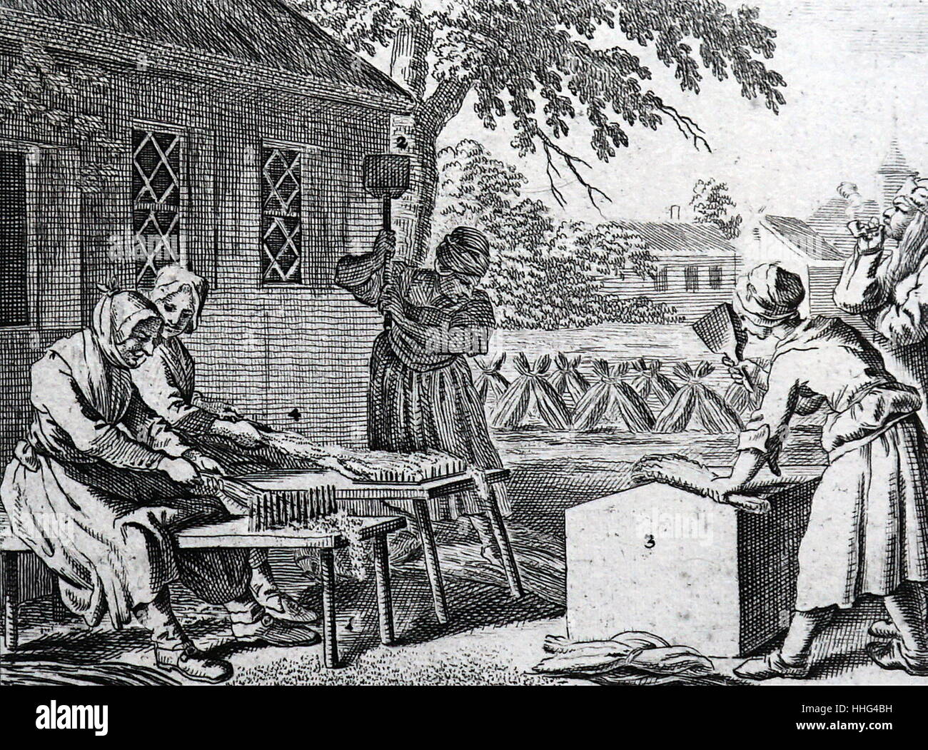 Gramolazione di lino. Dopo incisione Daniel Nicolas Chodowiecki (1726-1801). Gramolazione è un passo nella trasformazione del cotone o la medicazione di lino in preparazione per la filatura. La gramolazione processo separa le impurità dal materiale grezzo, come i semi di cotone greggio o la paglia e woody derivano da fibre di lino Foto Stock