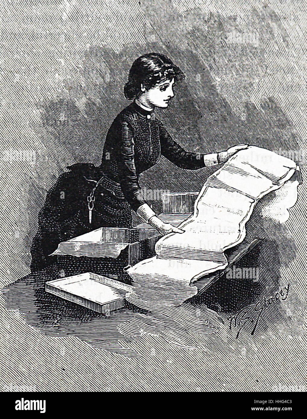 Sarta offrendo un abito mentre camminare sotto un ombrello in caso di pioggia. Xix secolo, Londra Foto Stock