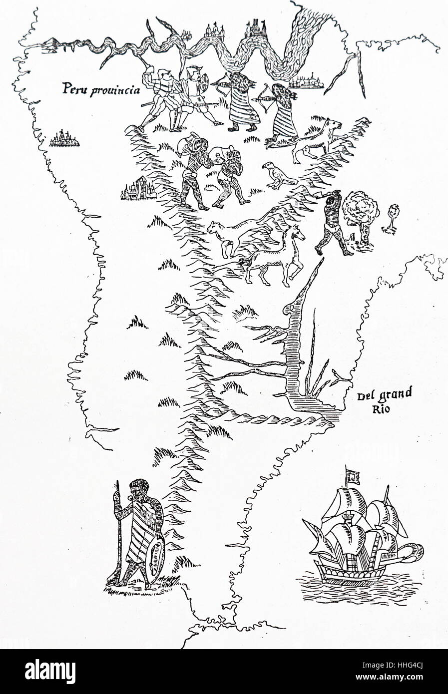 In Perù e in Sud America. xilografia basata su una mappa del mondo del 1554 attribuita a Sebastian Cabot. Nella parte superiore della mappa è il fiume Amazon. Sebastian Cabot (explorer) (c. 1474-c. 1557), esploratore delle Americhe, il figlio di John Cabot Foto Stock