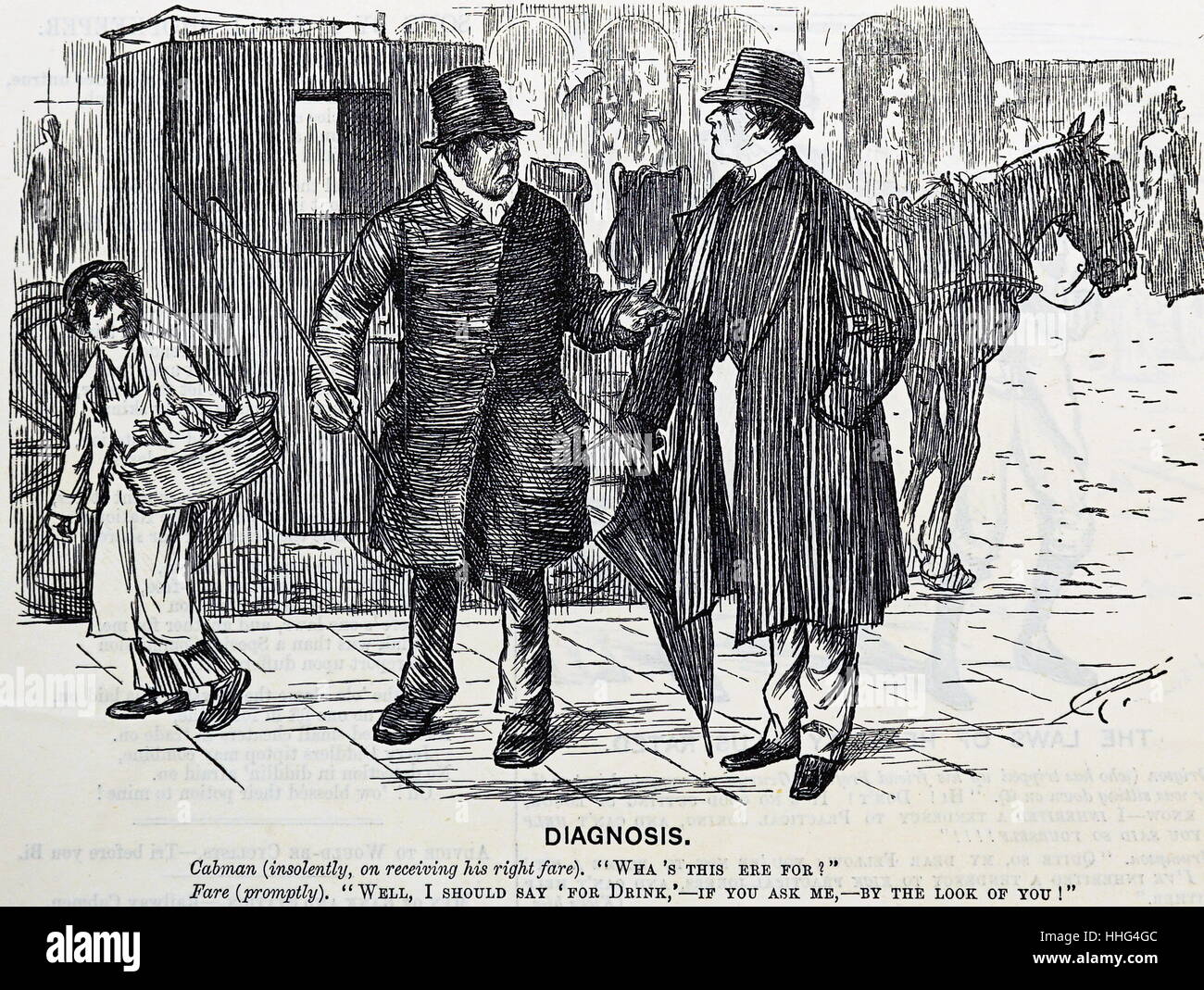 Punch cartoon 1888 raffigurante una conversazione tra un burbero cab driver e il suo cliente. Cabman (insolently, sulla ricezione del suo diritto fare), " Che cosa è questo ere per ? " Cliente (prontamente), "Bene, devo dire 'per bere, dall'aspetto di voi!" Foto Stock