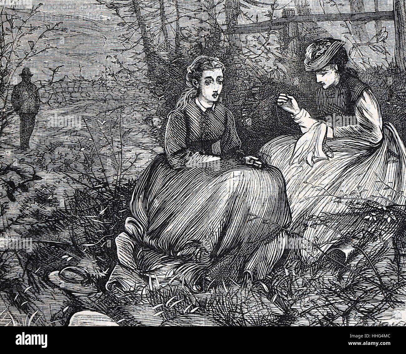 Due femmine di nascondersi dietro una bussola cucitura, mentre un maschio di silhouette è mostrato in attesa dietro la bussola. Datata 1871 Foto Stock