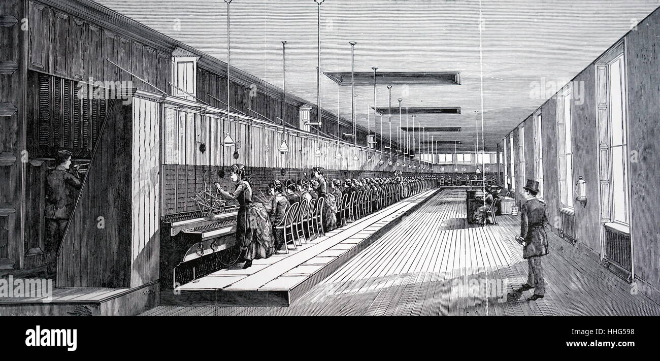 Metropolitan della compagnia telefonica stazione centrale, Cartlant Street, New York: il centralino. Il telefono elettrico, New York, 1890. Foto Stock