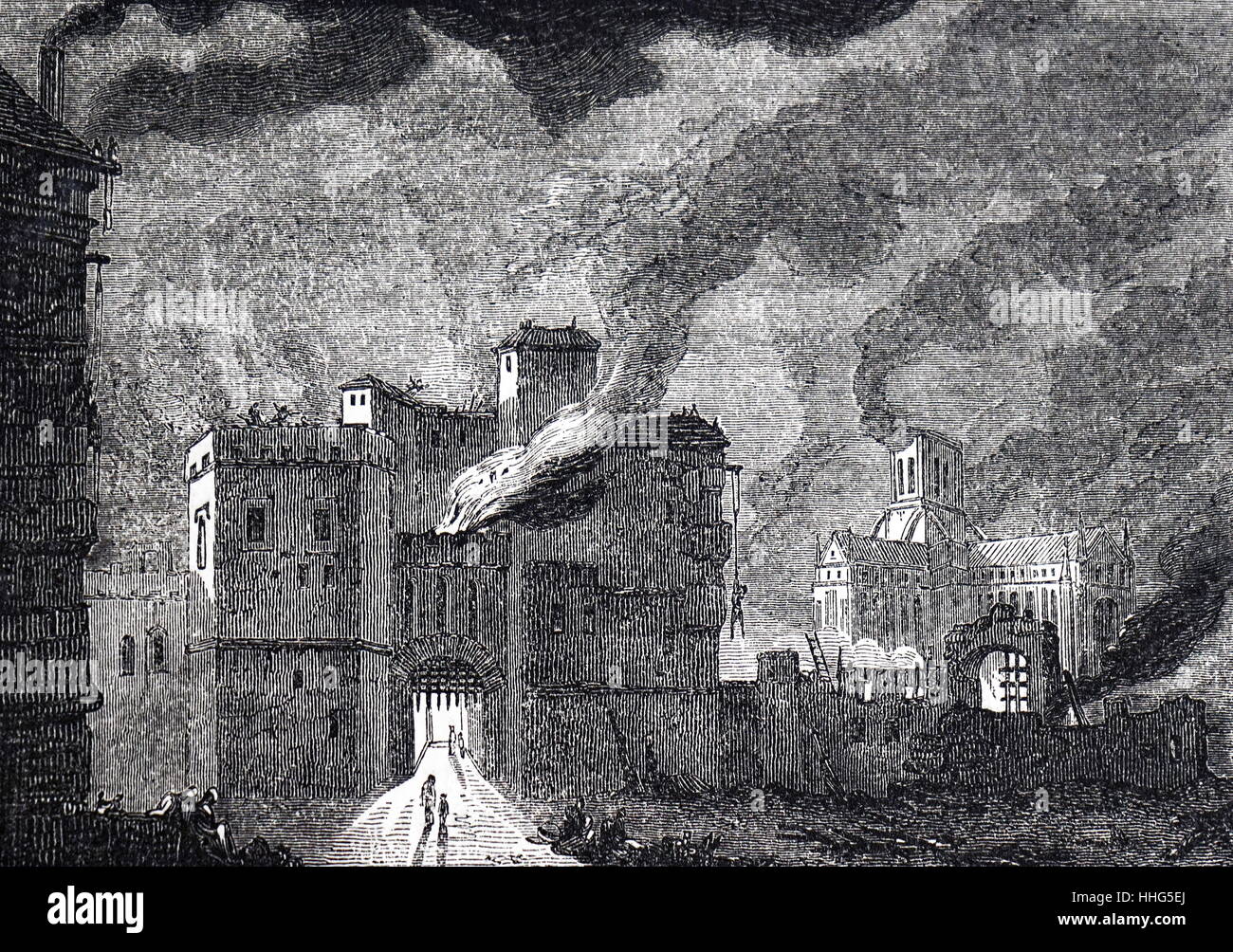 Incendio di Londra 1666. Newgate masterizzazione: Old St Pauls in background. Datata 1841. Foto Stock