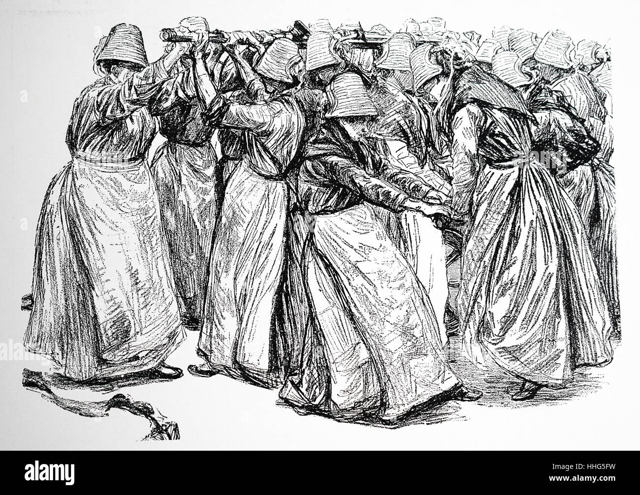 Prigionieri delle donne a lavorare la pompa durante la drill incendio - Rifugio Fulham, Londra. Illustrazione pubblicato London 1889. Foto Stock