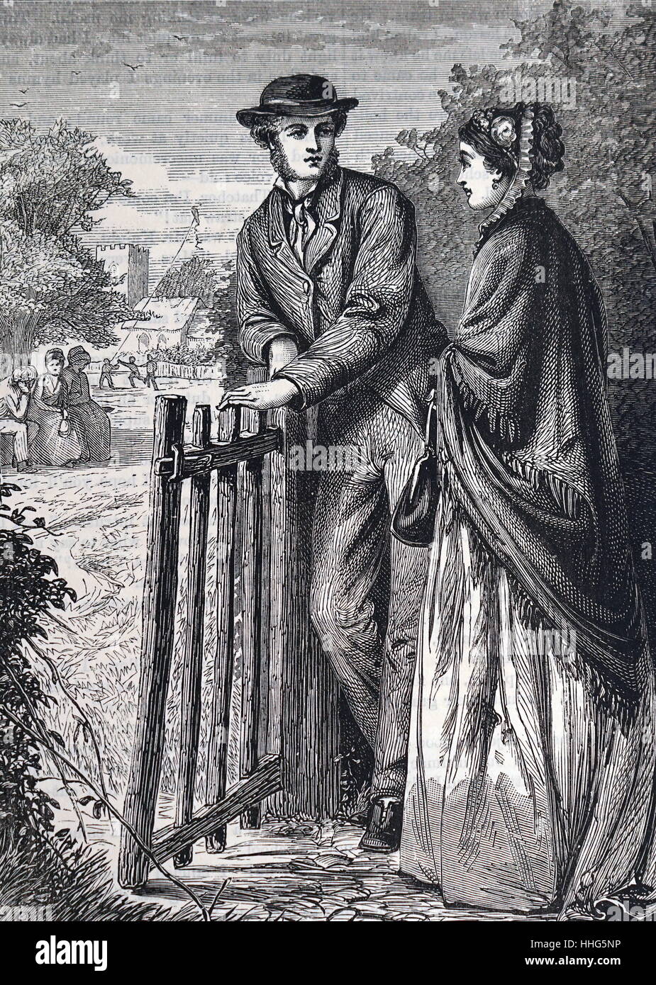L'uomo l'apertura di un cancello per una signora. Illustrazione dalla faretra, London, 1875 Foto Stock L'uomo l'apertura di un cancello per una signora. Illustrazione dalla faretra, London, 1875 Foto Stock