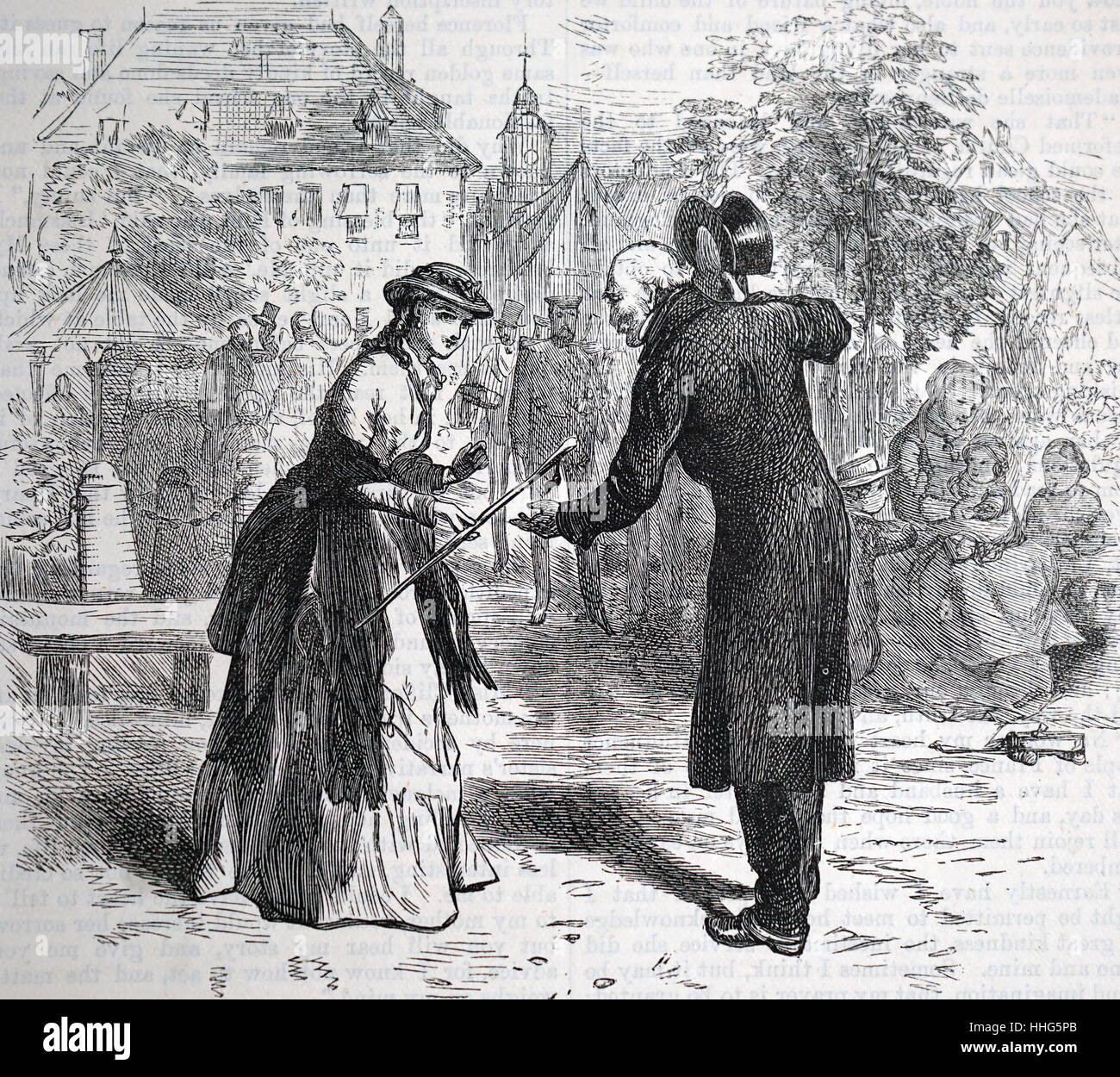 Colleghi in cima cappelli salutare una donna che indossa un cappello alla moda. Datato 1876, Londra. Foto Stock