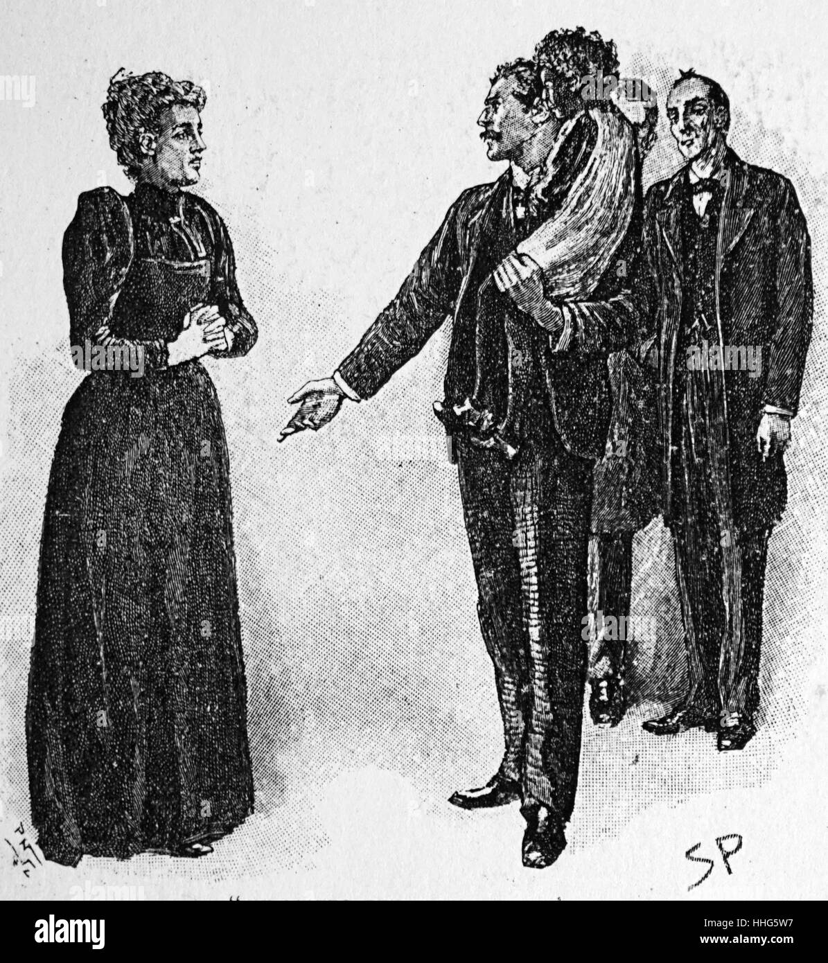 L'avventura della faccia di colore giallo. Da Conan Doyle "Le avventure di Sherlock Holmes', London, 1893 Sherlock Holmes rivela a Jack Grant Munro e Watson, a destra il motivo per il comportamento sospetto della ex moglie del - che il suo primo morto, e mio marito era nero e sta mantenendo il suo bambino con un infermiere in un cottage nelle vicinanze.illustrazione di Sidney E. Pagina (1860-1908), il primo artista a disegnare Sherlock Holmes Foto Stock