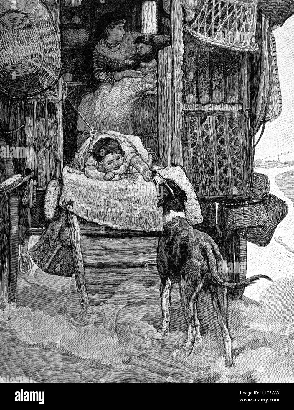 Una famiglia di viaggiatori e la loro roulotte, 1885 Foto Stock