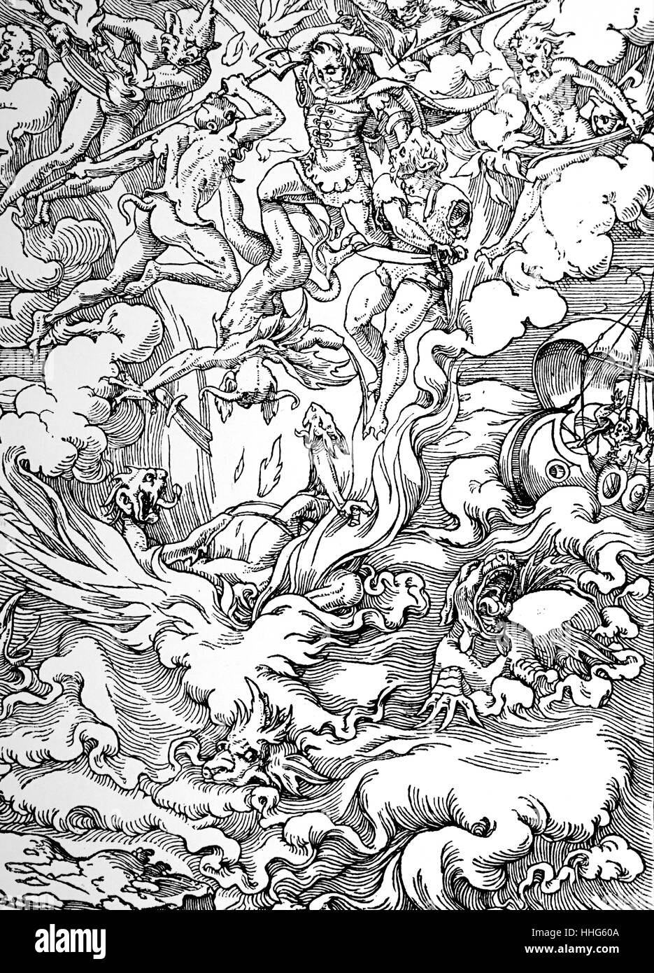 L'ultima sentenza, che mostra la terra e il mare di apertura, e i demoni che rientrano nelle fiamme dell'Inferno da Jean Cousin. Jean Cousin il giovane ("Le Jeune", talvolta indicati come Jehan nel vecchio stile invece di Jean) (ca. 1522-1595) era nato a Sens, Francia intorno al 1522, il figlio del famoso pittore e scultore Jean Cousin il vecchio ca. 1490-ca. 1560), che è stato spesso paragonato al suo osservato contemporaneo, Albrecht Dürer. Foto Stock