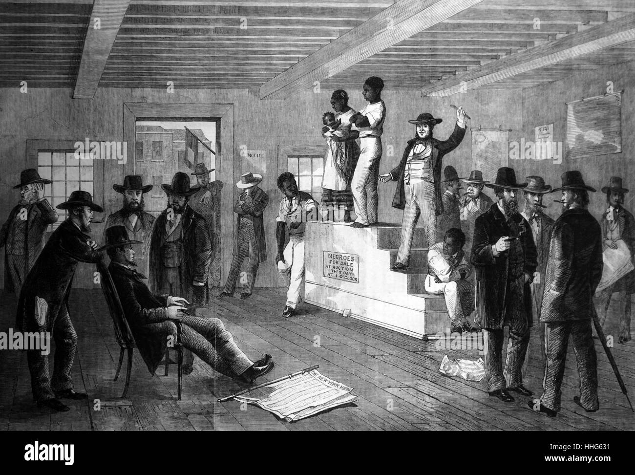Aste di schiavi in Virginia 1861. L'asta si è svolta a Richmond, Virginia all inizio della guerra civile. Questa famiglia americana africana deve essere stata pietrificati rendendosi conto che essi non possono mai vedere ogni altro nuovo. Foto Stock