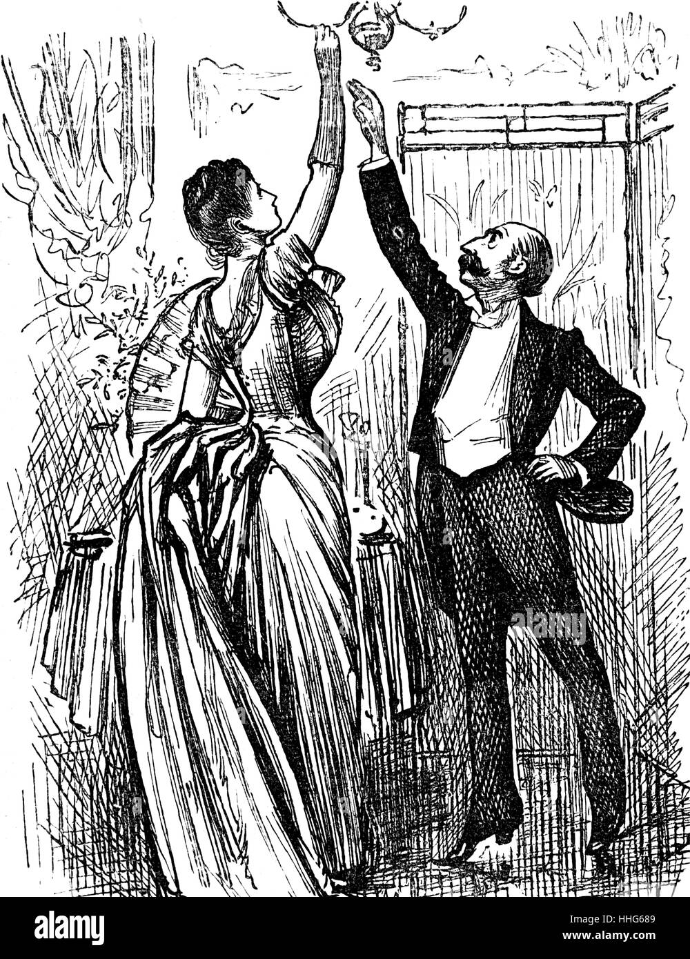 George du Maurier cartoon da "punzone", Rivista mostra una classe superiore coppie inglese cercando di arrivare fino ad una lampada a gas Foto Stock