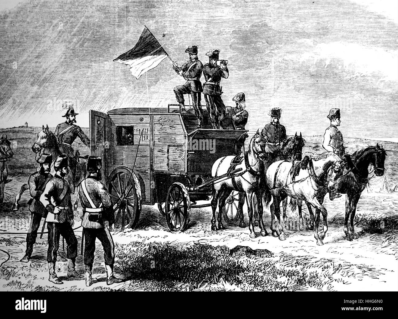 Campo telegraph corps; Royal Engineers. Campo sede del telegrafo van. 1869. Foto Stock
