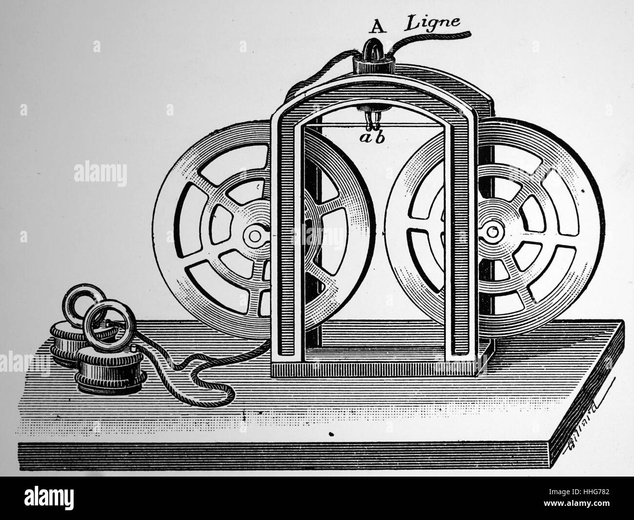 TELEGRAPHONE: registrazione magnetica telefono tele inventato da Valdemar Poulsen (1869-1942). Egli domanda per un brevetto il 1 dicembre 1898; e lo strumento ha suscitato grande interesse all'Esposizione di Parigi del 1900. Nastro TELEGRAPHONE: dettaglio del sottile nastro di acciaio montato sulle pulegge. Filo telegraphone in cui filo armonico è stato utilizzato per la registrazione. 1904. Foto Stock