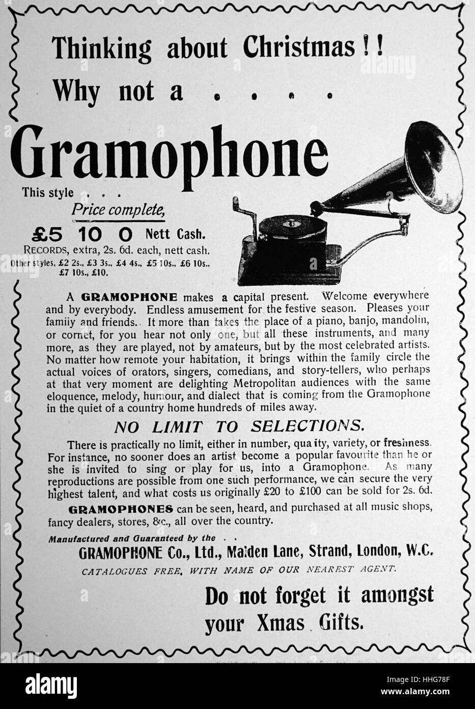 Annuncio rivista per un grammofono portatile. 1900. Foto Stock