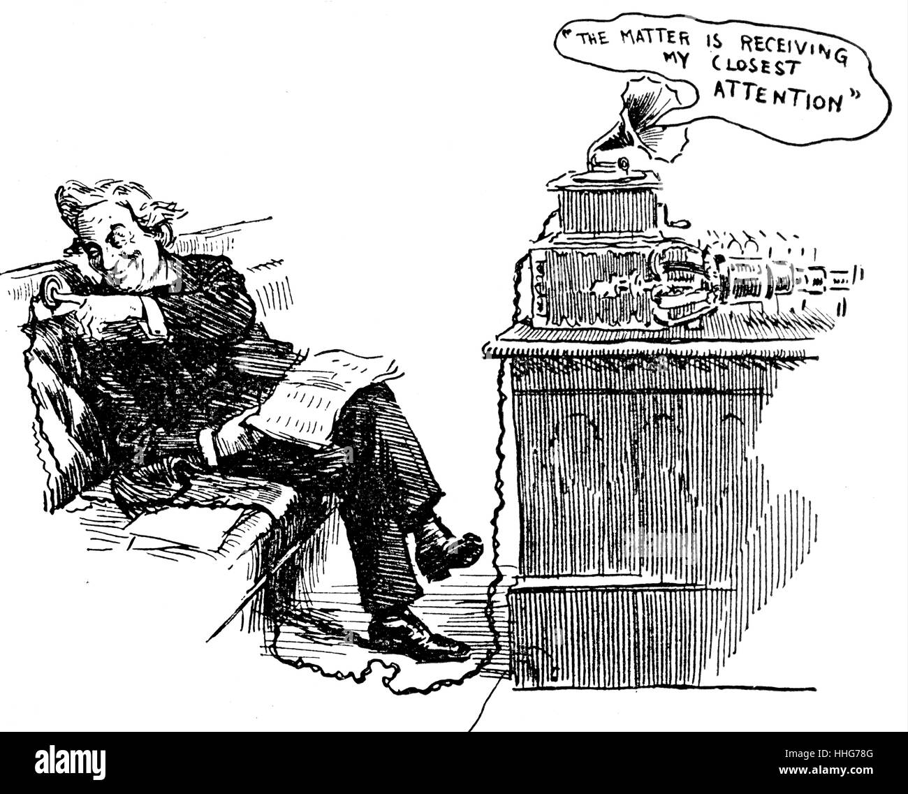 Punch' cartoon mostra Herbert Asquith (primo ministro della Gran Bretagna), seduto in parlamento, premendo un grammofono automatizzata con un messaggio standard di " la questione sta ricevendo la mia attenzione' 1915 Foto Stock