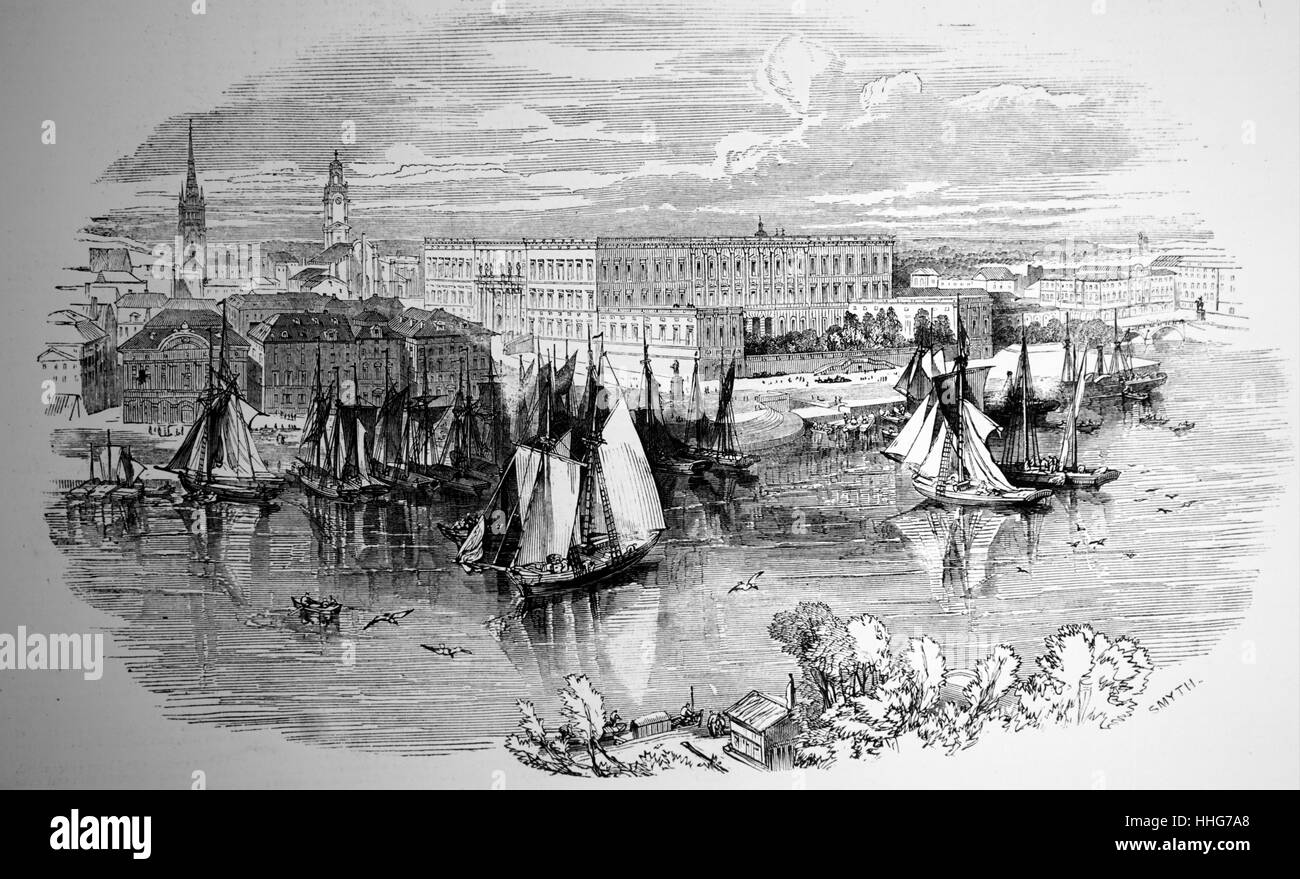 Illustrazione che raffigura una vista del Palazzo Reale di Stoccolma; capitale della Svezia. Datata del XIX secolo Foto Stock