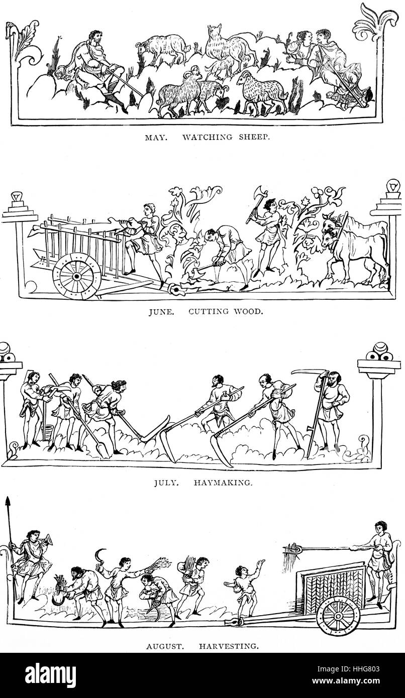 Illustrazione che mostra il ciclo agricolo dell'anno nel Medioevo in Inghilterra Foto Stock