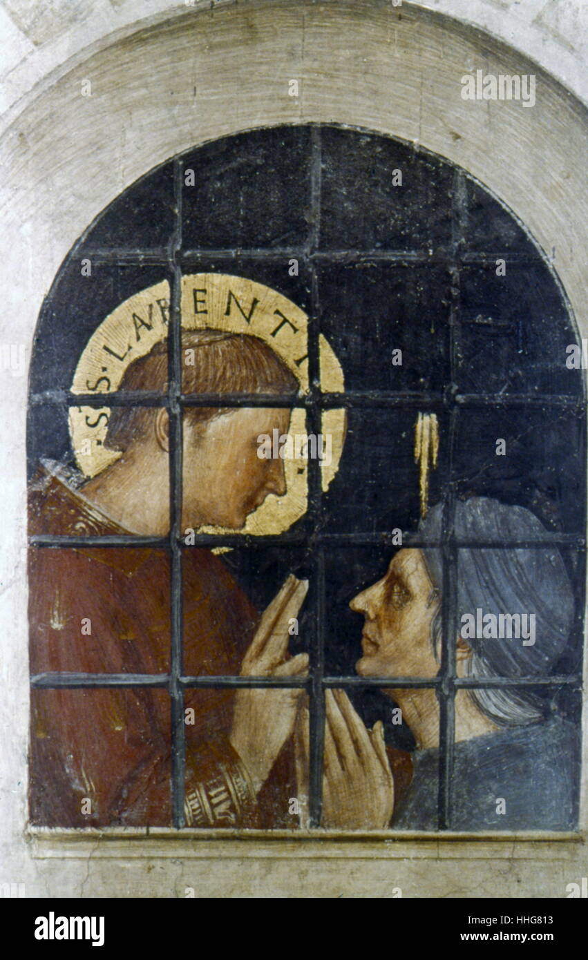 Parete Est della cappella, Cappella Niccolina, Palazzi Pontifici, Vaticano. Affresco del Beato Angelico (c1400-55) pittore italiano. Nel 1447, o forse in precedenza, Fra Angelico era a Roma, dove dipinse la cappella privata del Papa Niccolò V con scene della vita di San Lorenzo e Santo Stefano. Foto Stock