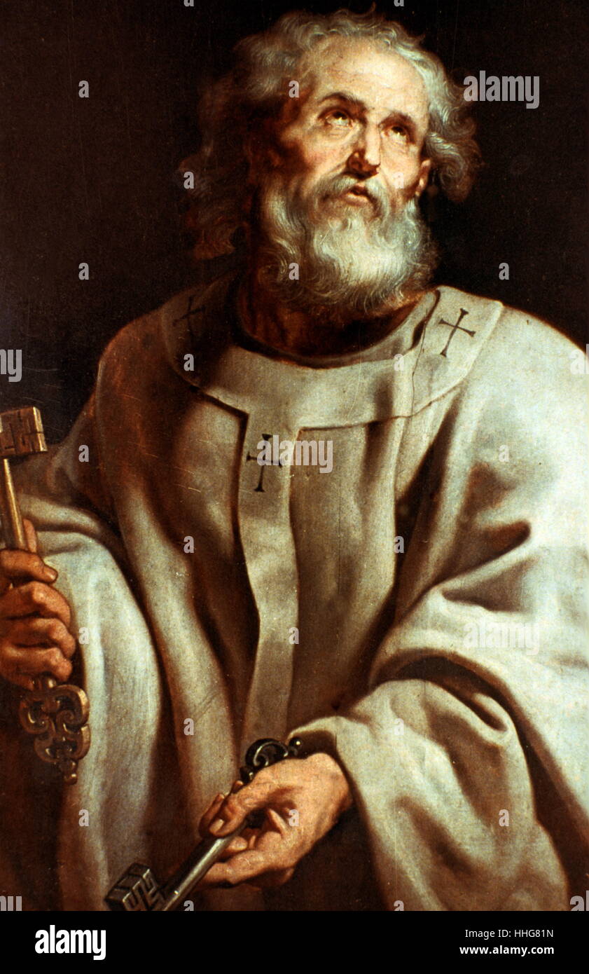 St Peter C. 1611; Olio su tela, da Peter Paul Rubens (1577 - 1640). Rubens ha effettuato una serie di ritratti degli Apostoli, in commissione del duca di Lerma. Pietro fu raffigurato in possesso di una coppia di chiavi, il suo simbolo comune: le chiavi del regno dei cieli. Rubens è nato a Siegen in Germania, ma dall'età di dieci anni ha vissuto ed è andato a scuola ad Anversa, in Belgio, dove divenne un importante artista fiammingo. Foto Stock