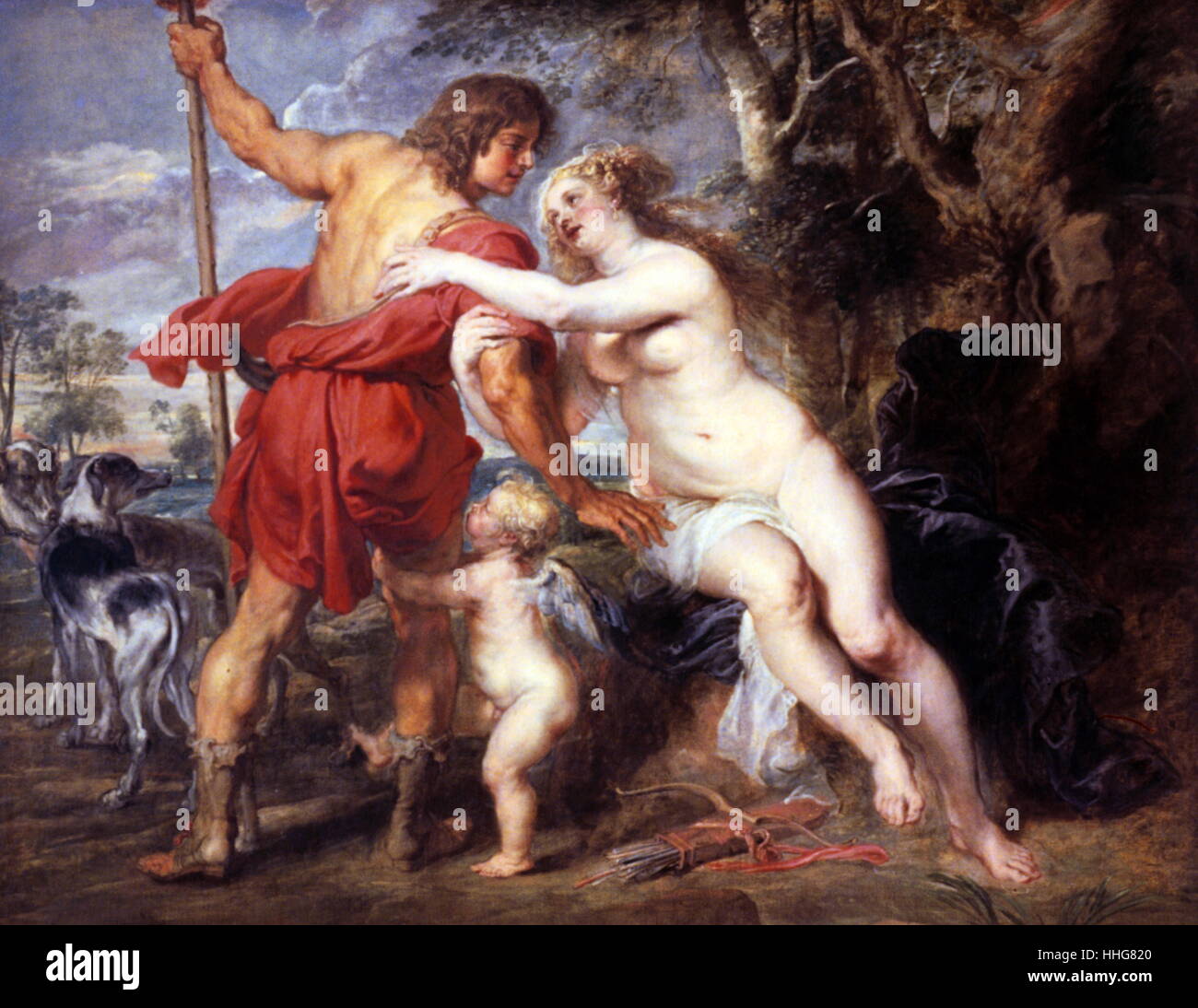 Venere e Adone; mid-1630s; Olio su tela, (Cincinnati Art Museum). Da Peter Paul Rubens (1577 - 1640). Basato su Ovidio della storia, Metamorfosi (8 A. D). Pungere con uno di Cupido di frecce, Venere si innamora di Adone cacciatore. Rubens è nato a Siegen in Germania, ma dall'età di dieci anni ha vissuto ed è andato a scuola ad Anversa, in Belgio, dove divenne un importante artista fiammingo. Foto Stock