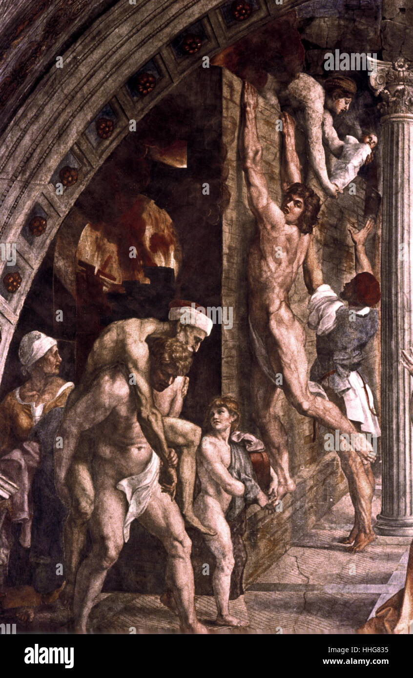 L'Incendio di Borgo (dettaglio); 1514; affresco dipinto dal Italian High Renaissance artista (Raffaello), Raffaello Sanzio da Urbino (1483-1520). L'Incendio di Borgo una pittura presso il Palazzo Apostolico, Città del Vaticano. Essa mostra raffigura un incendio scoppiato nel Borgo di Roma nel 847. Foto Stock