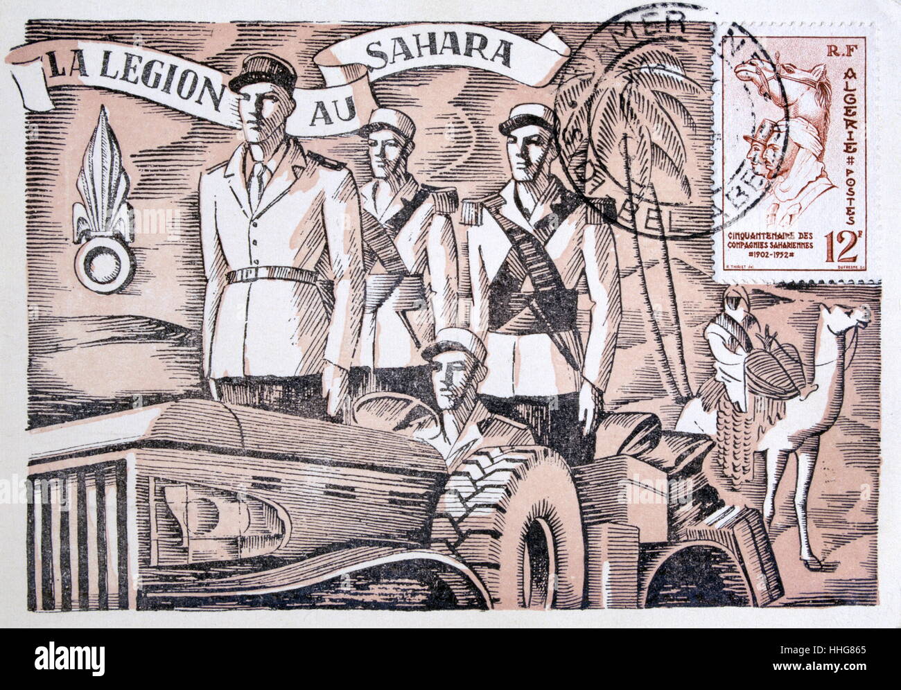 Cartolina raffigurante la Legione Straniera francese in Algeria 1952. Foto Stock