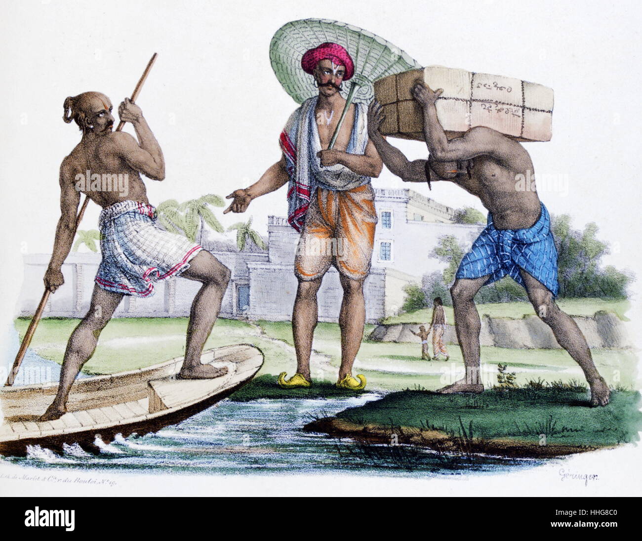 Indian Vaisha mercanti. ;Francese; litografia; India; da Marlet 1828. Vaisha sono uno dei quattro Varna's degli Indù ordine sociale. Religiosi indù testi Vaisha assegnati dei ruoli tradizionali nel settore dell'agricoltura e del bestiame da ingrasso ma nel corso del tempo sono venuti a essere proprietari terrieri, operatori e prestatori. Foto Stock