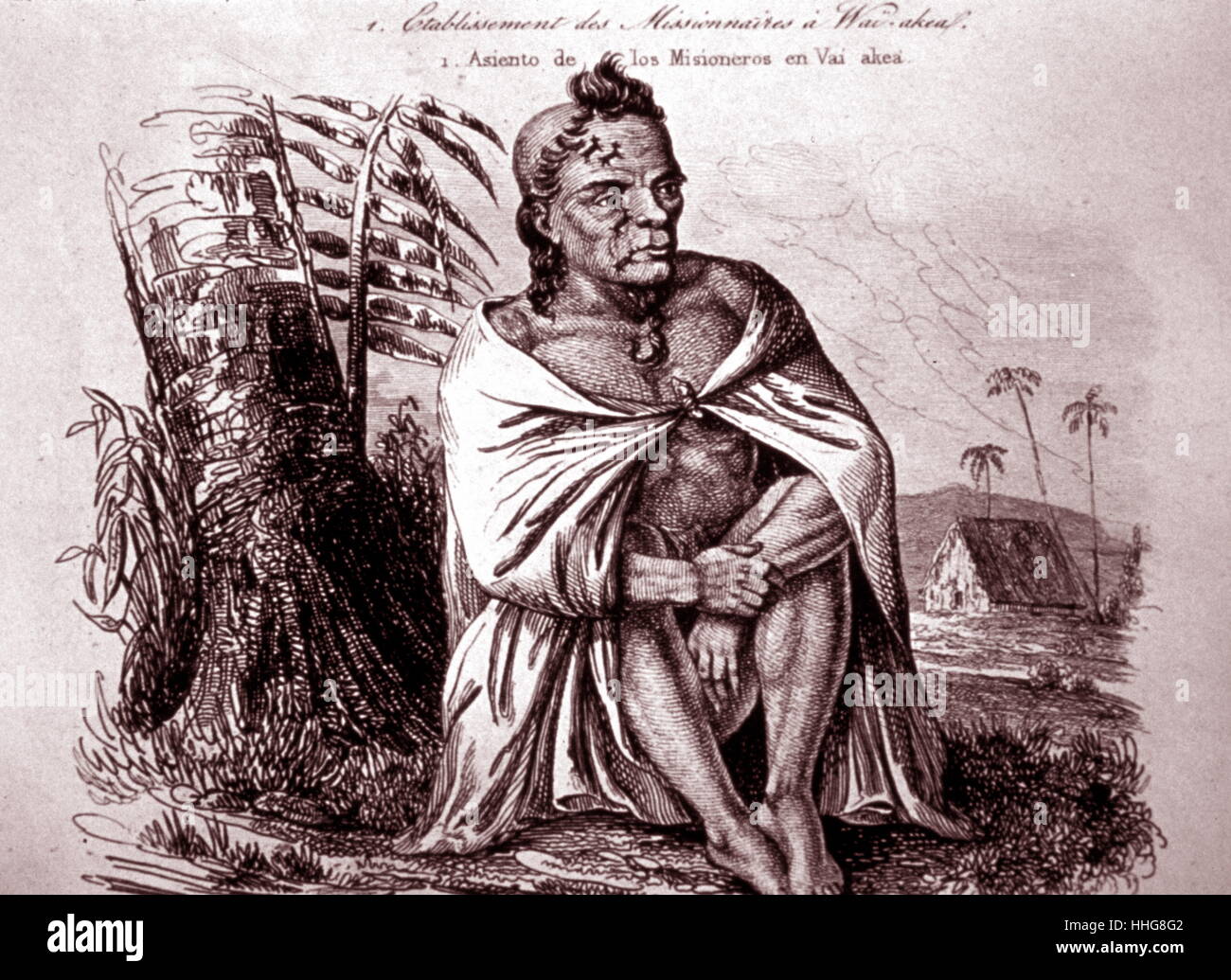 Hawaiano capo nativo in abito cerimoniale; da John Webber (1751 - 1793); artista inglese che ha accompagnato il capitano Cook per la sua terza spedizione del Pacifico per il Pacifico (1776-80) a bordo HMS Risoluzione. Foto Stock