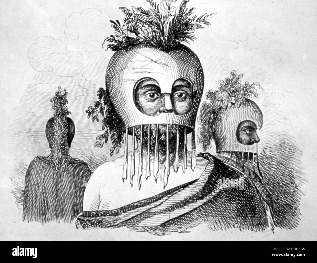 Hawaiian nativo in maschere cerimoniali; da John Webber (1751 - 1793); artista inglese che ha accompagnato il capitano Cook per la sua terza spedizione del Pacifico per il Pacifico (1776-80) a bordo HMS Risoluzione. Foto Stock