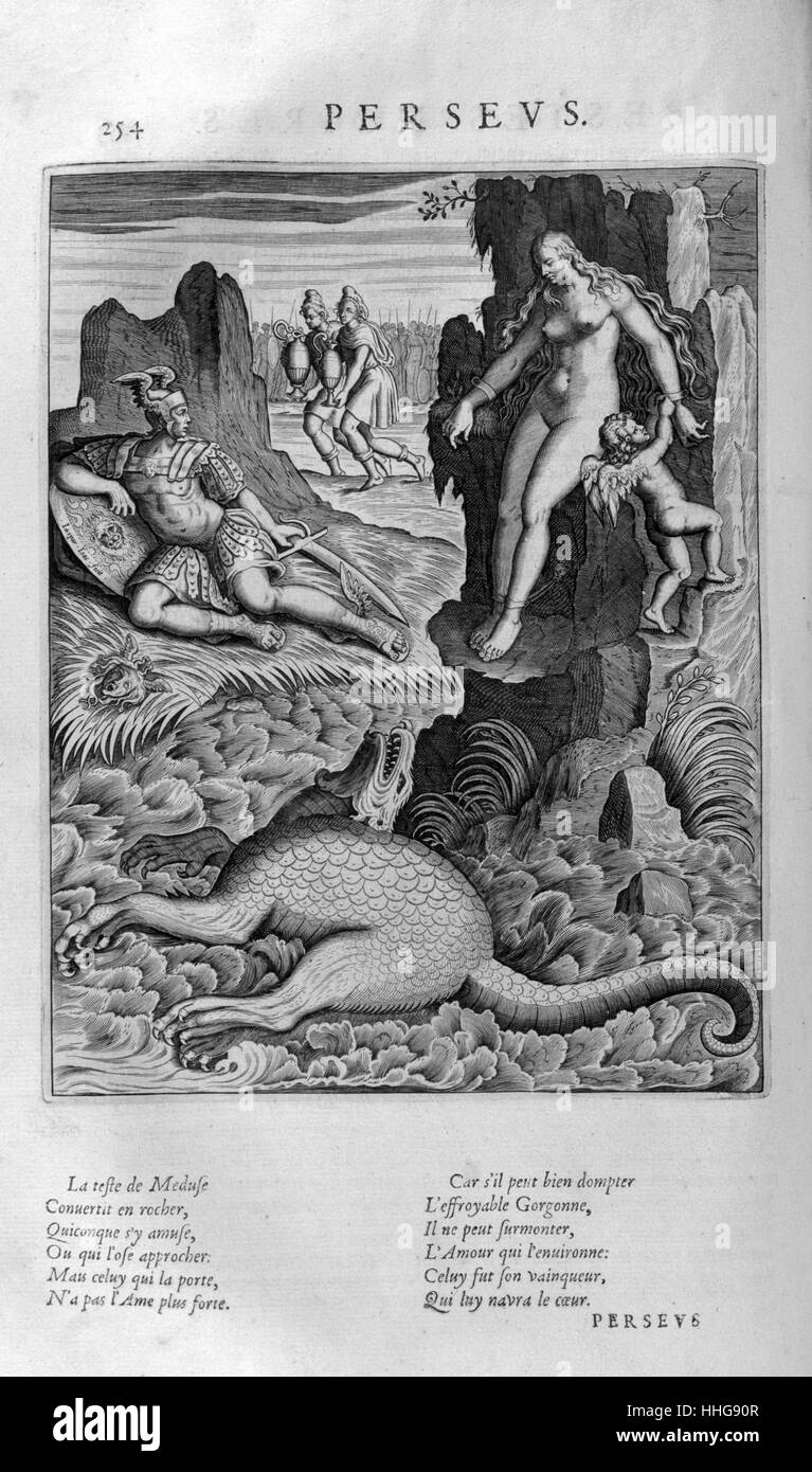 Perseo salvataggi Andromeda, una piastra da Les Images Ou tableaux de Platte Peinture Des Deux Philostrates Sophistes Grecs, da Blaise de Vigenère, Parigi, 1615. Incisione di circa 1615, da Leonard Gaultier. Gaultier, o Galter, era un incisore francese, nato a Magonza circa 1561 e morì a Parigi nel 1641. Perseo arrestato nel regno di Aethiopia e liberato Andromeda dopo egli uccise il mostro Cretus, la sua impostazione libera, rivendicato nel suo matrimonio Foto Stock