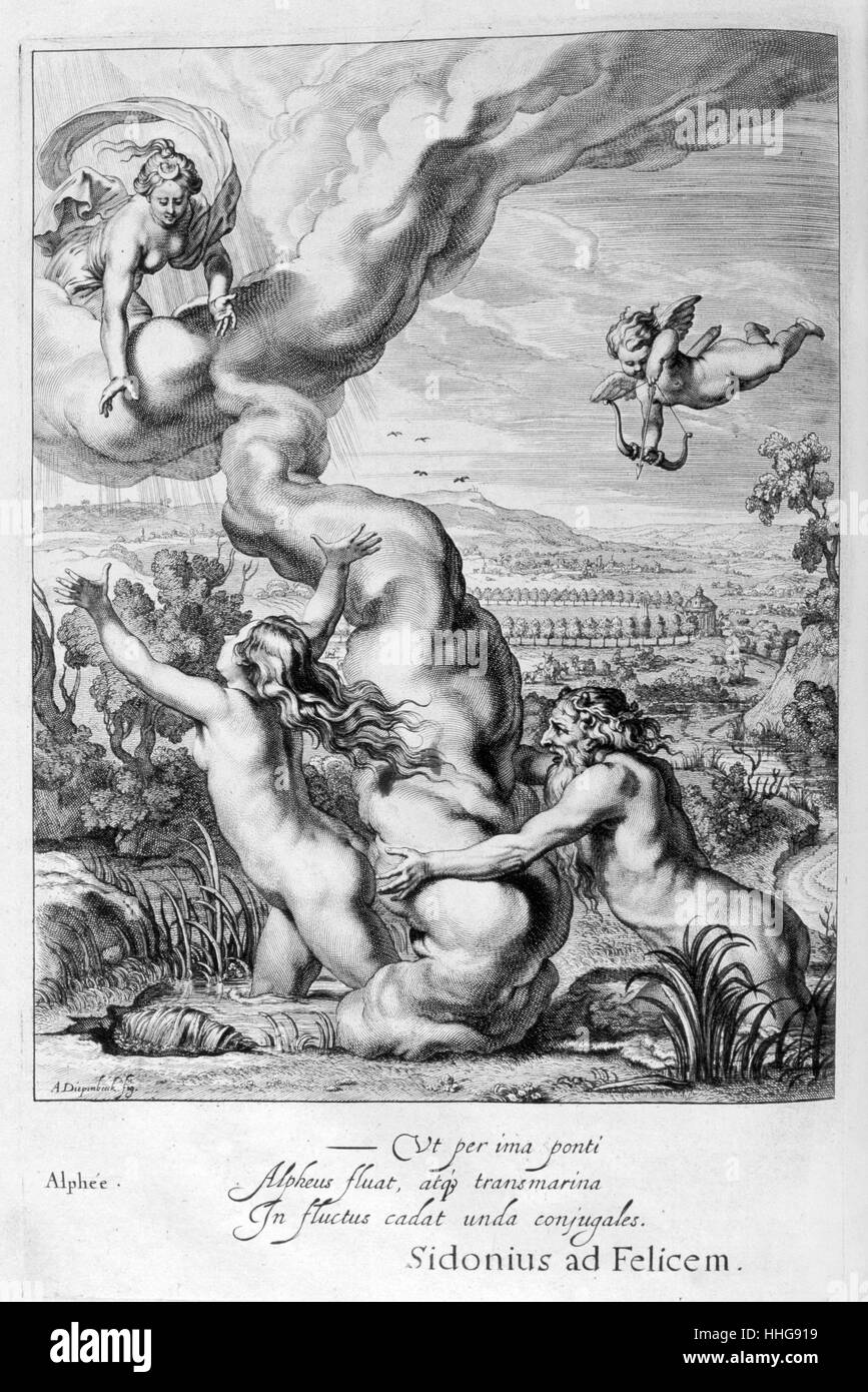 Alpheiu Arethusa e. Incisione da 'tableaux du temple des Muses" (1655) da Michel de Marolles (1600 - 1681), conosciuto come Abbé de Marolles; un prelato francese e traduttore. Secondo Pausanias, Alpheius fu un appassionato cacciatore e si innamorò della ninfa Aretusa, ma fuggì da lui per l'isola di Ortigia nei pressi di Siracusa e metamorfosati di se stessa in un pozzetto, dopo che Alpheius divenne un fiume, Foto Stock